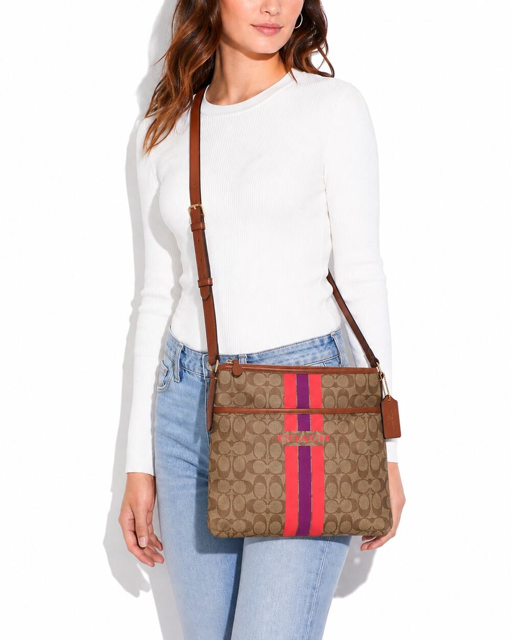 Coach F38402 Signature Varsity Stripe File Crossbody Bag Watermelon Violet